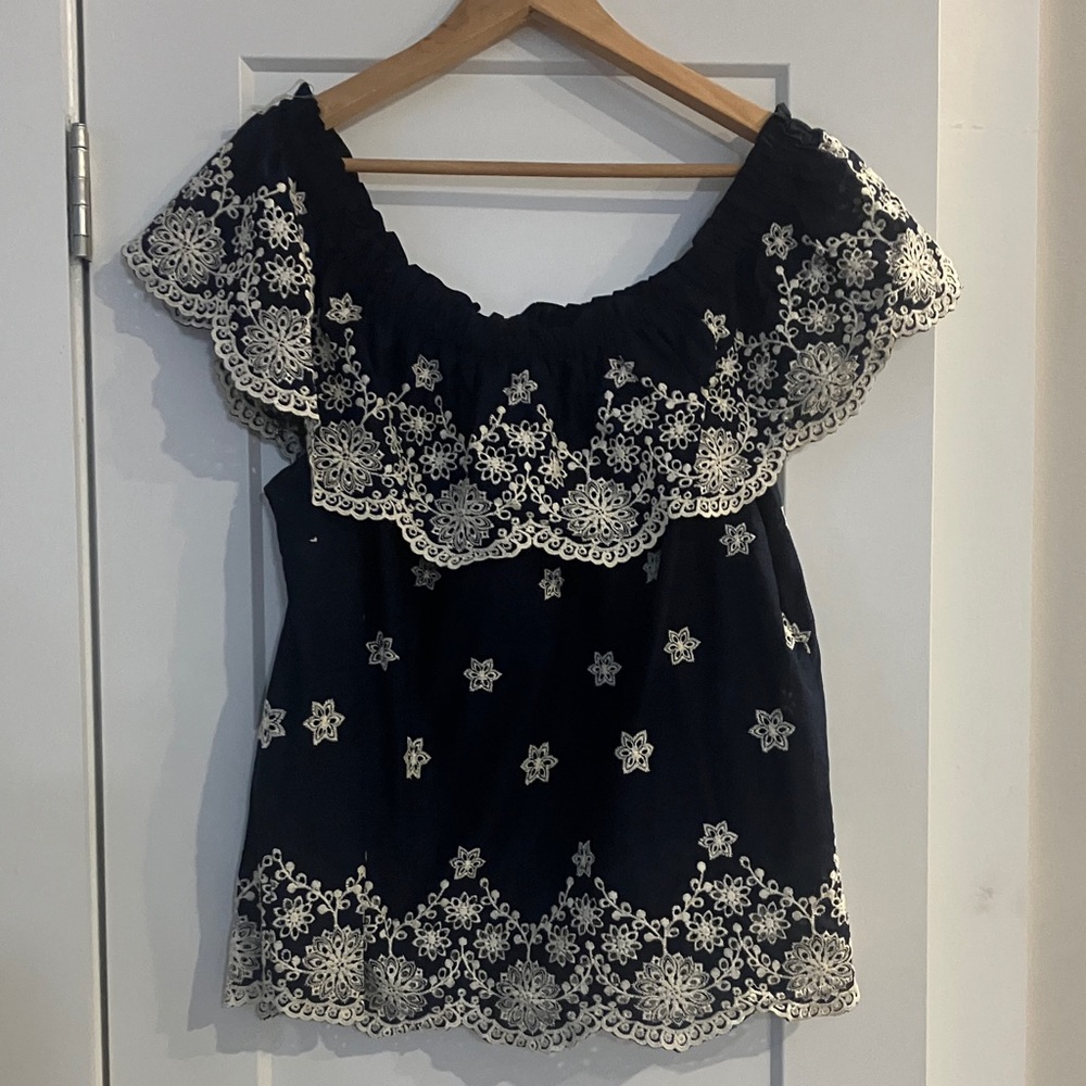 Maurices Navy blue Blouse with White Floral Embroidery